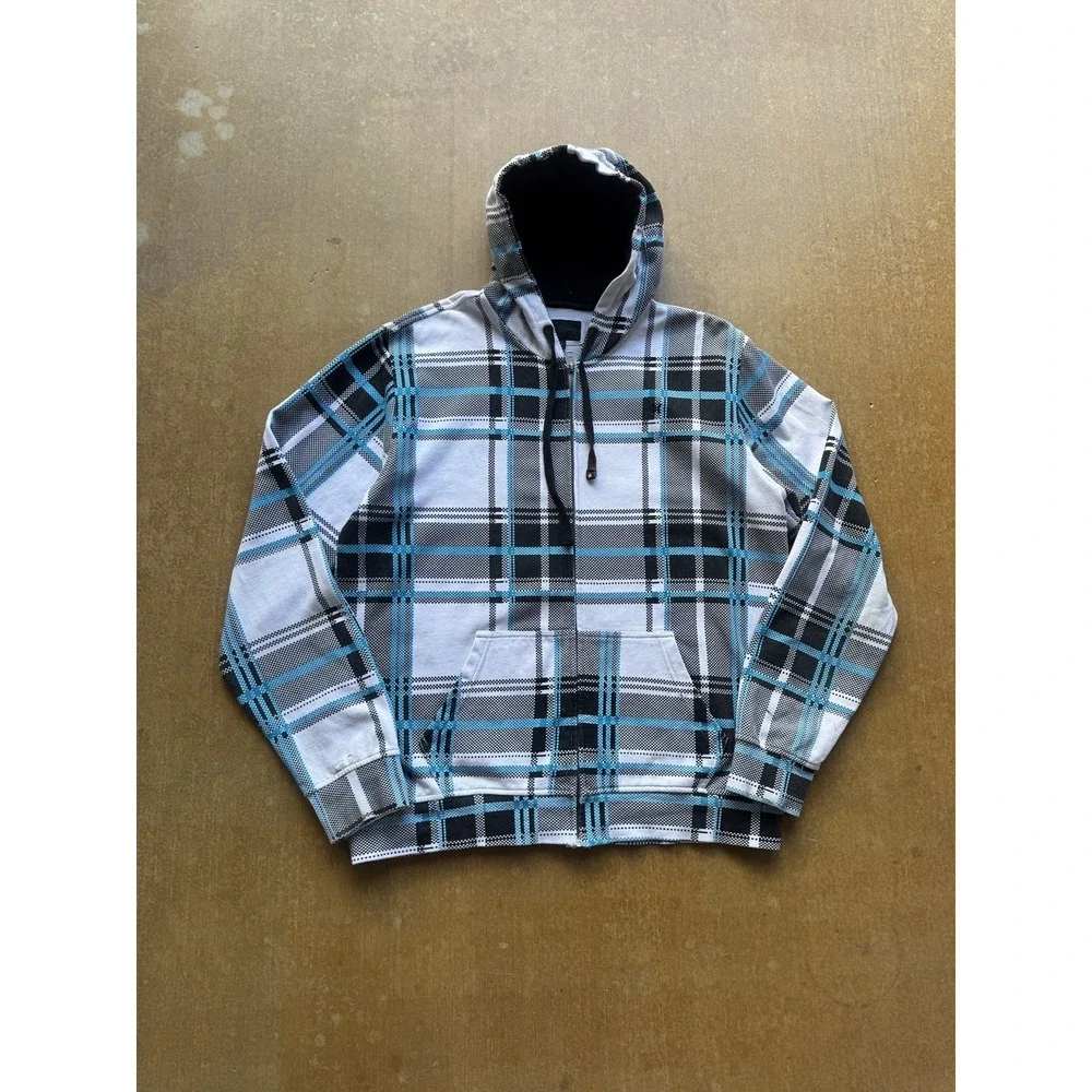 Hurley Heavyweight Plaid Zip Up Hoodie Jacket Skater Y2K Surfer Checkered (XL)